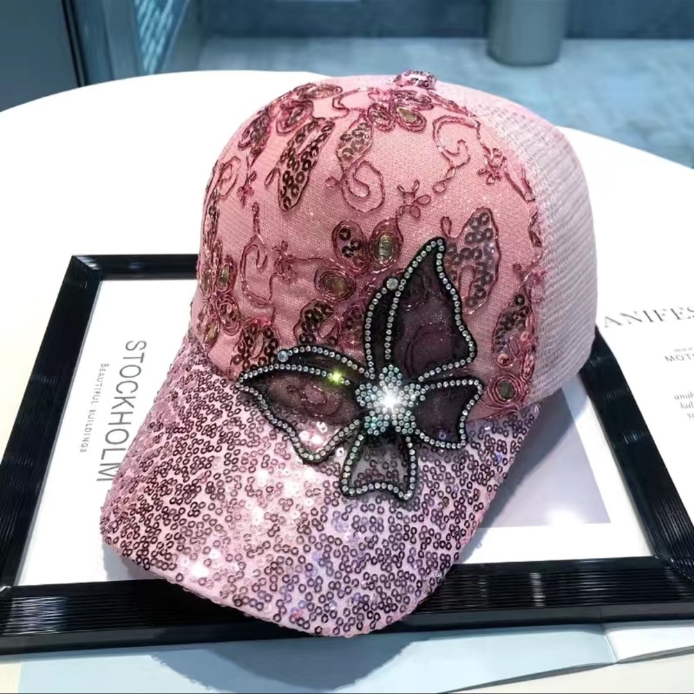 Rhinestone Lace Butterfly Bling Cap